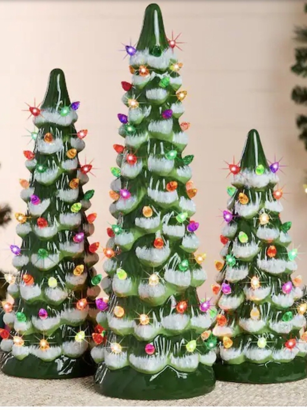 3 PC. Set 8/10/12" Ceramic Christmas Trees With Snow Tips Pre-Lit with Lights